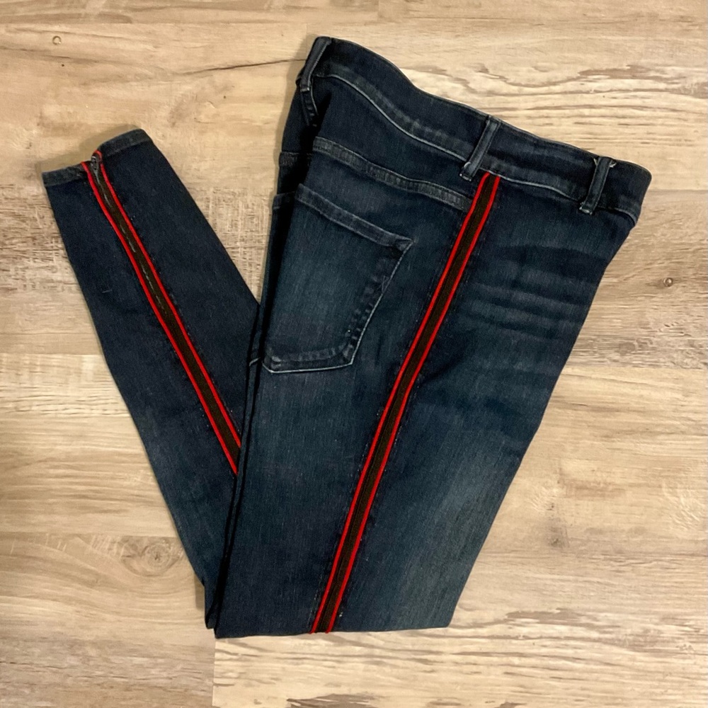 Express Women Jeans, Size 2 Leggings with Red Side Stripe, Stretch.